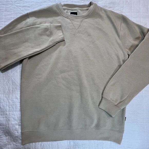 RSQ Fleece Lined Crew Neck V Stitch Tan Brown Sweatshirt Men's Large Outdoors - Picture 2 of 6